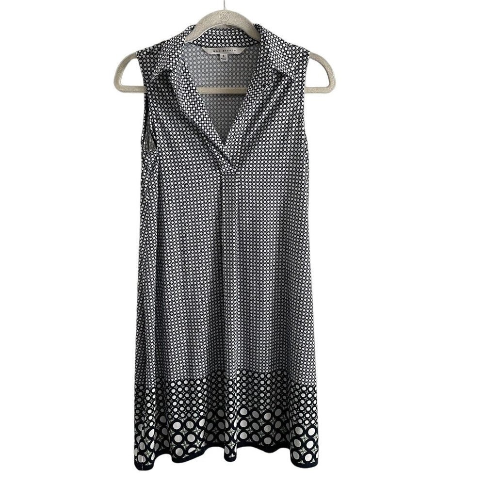 Max Studio Women S Blue/White Geometric Design Sleeveless Collared Shift Dress